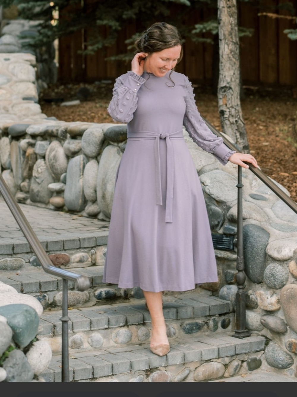 Dainty Jewells Lavender Midi Dress with Textured Long Sleeves
